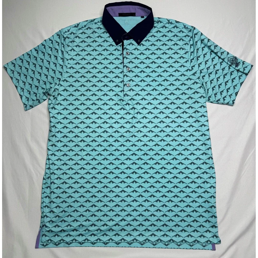 Greyson Clothiers Mens Large Turquoise Bird Print Golf Polo Shirt Navy Collar